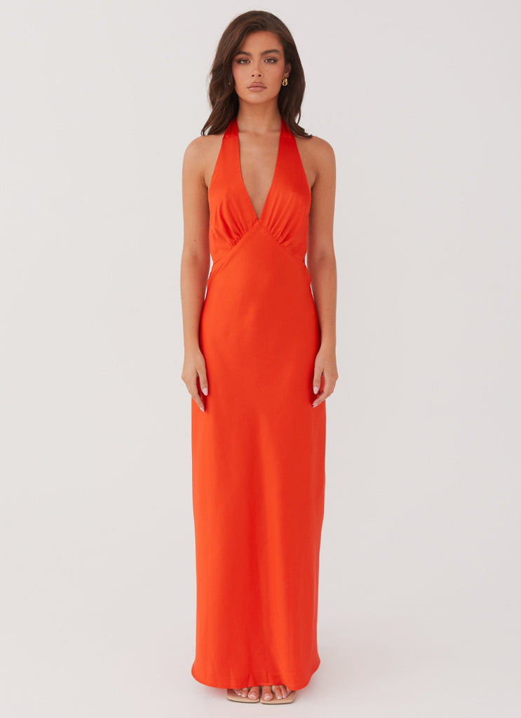 Womens Heavy Hearted Satin Maxi Dress in the colour Sunset in front of a light grey background