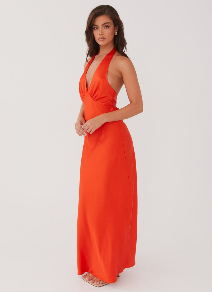 Womens Heavy Hearted Satin Maxi Dress in the colour Sunset in front of a light grey background