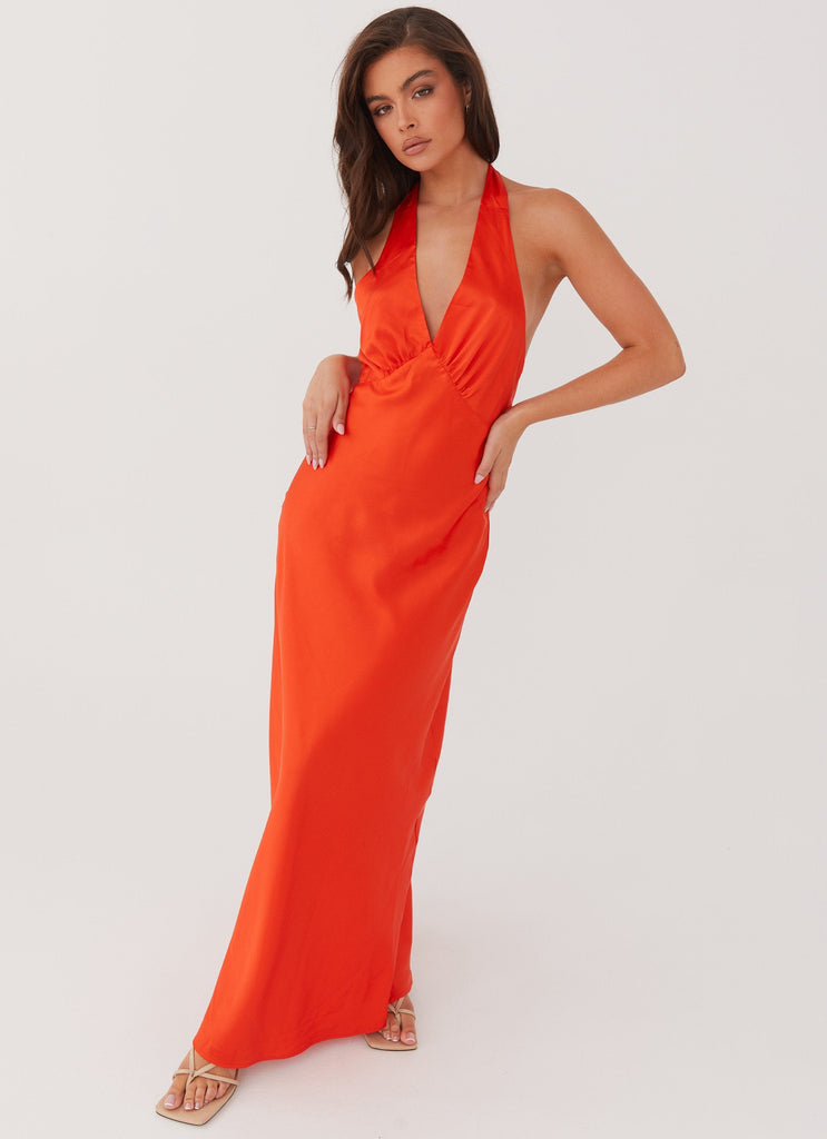 Womens Heavy Hearted Satin Maxi Dress in the colour Sunset in front of a light grey background