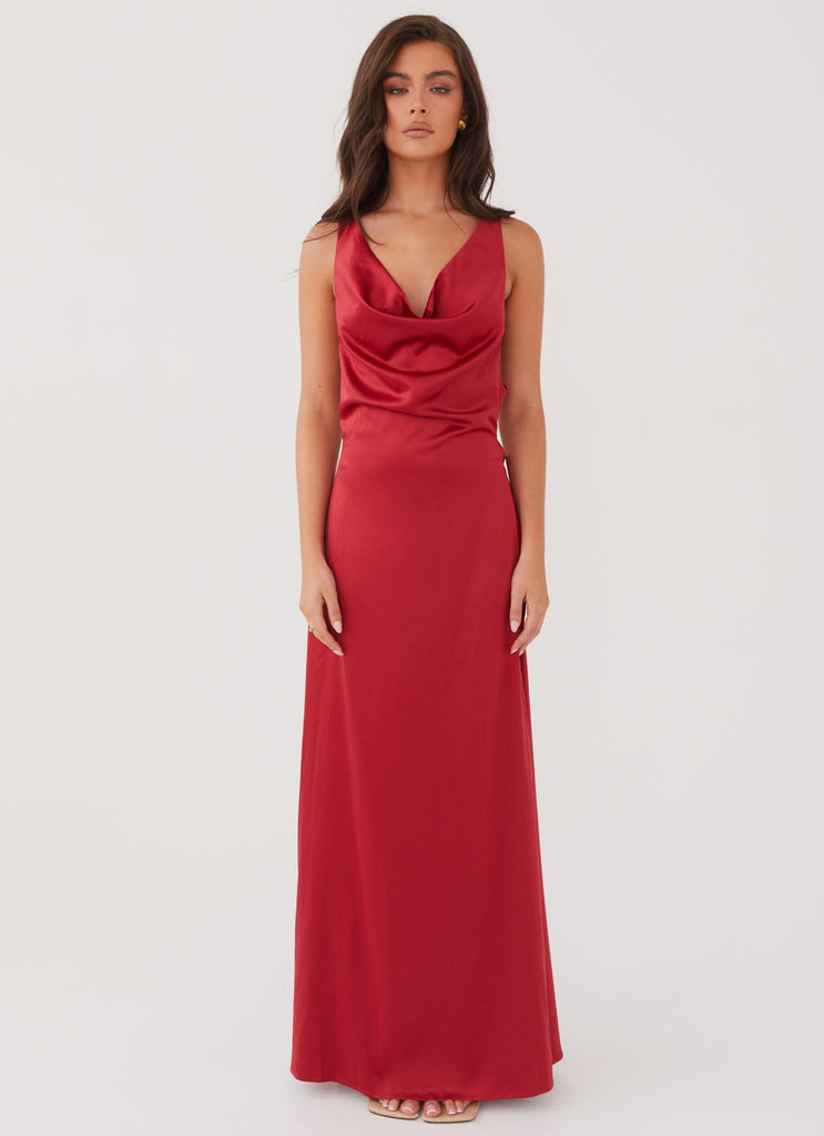 Womens Musa Maxi Dress in the colour Cherry Red in front of a light grey background