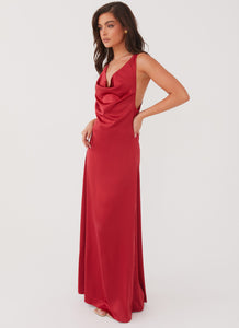 Womens Musa Maxi Dress in the colour Cherry Red in front of a light grey background