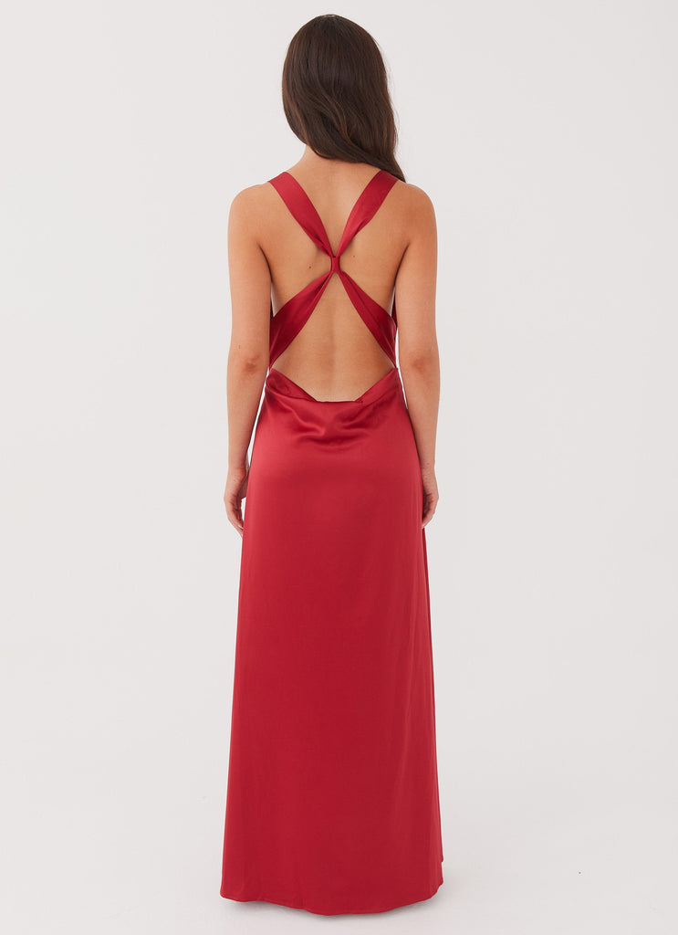 Womens Musa Maxi Dress in the colour Cherry Red in front of a light grey background