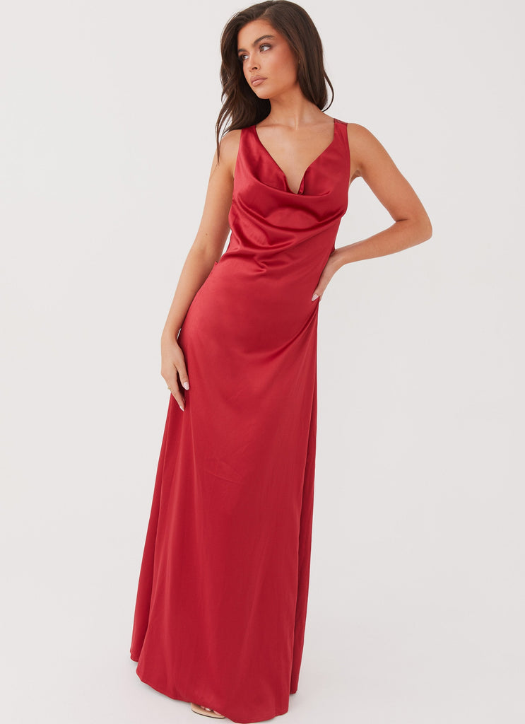 Womens Musa Maxi Dress in the colour Cherry Red in front of a light grey background