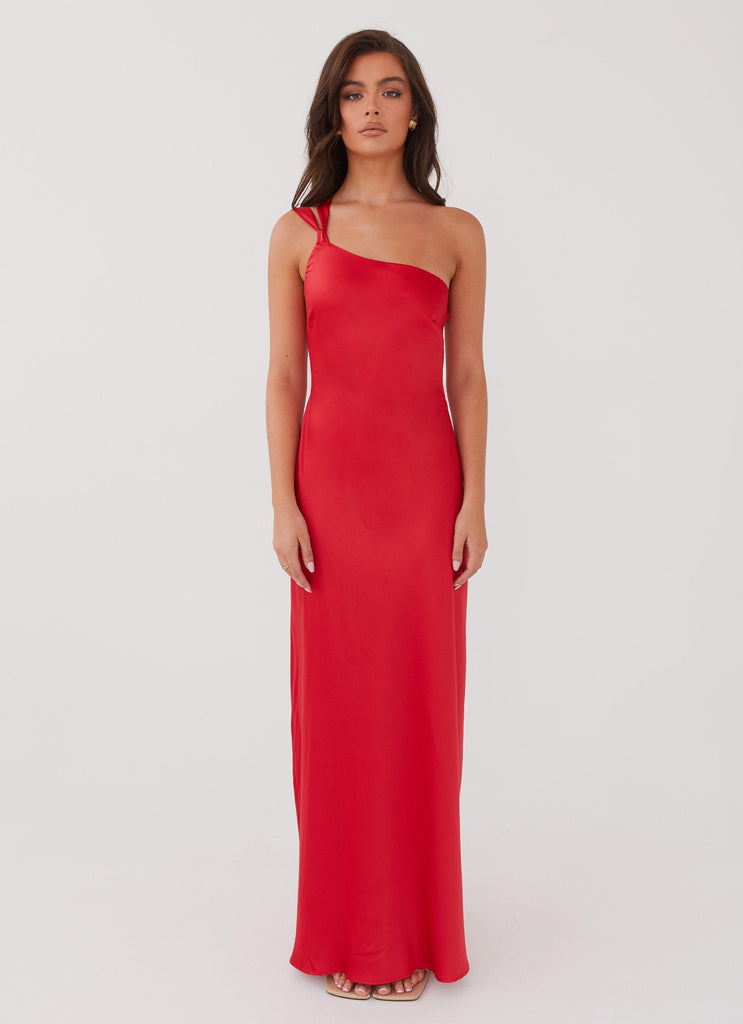 Womens Delancy One Shoulder Maxi Dress in the colour Rouge Red in front of a light grey background