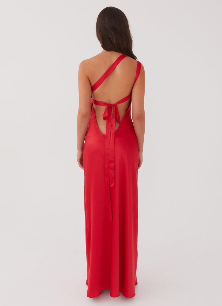 Womens Delancy One Shoulder Maxi Dress in the colour Rouge Red in front of a light grey background