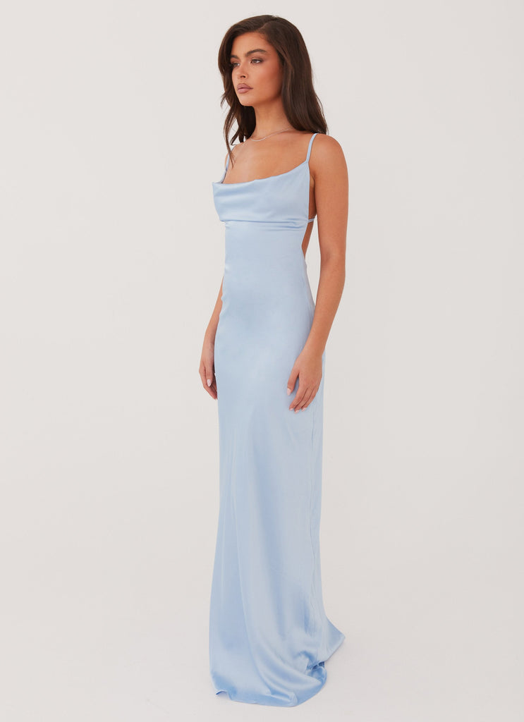 Womens Coastal Escape Satin Maxi Dress in the colour Ice Blue in front of a light grey background