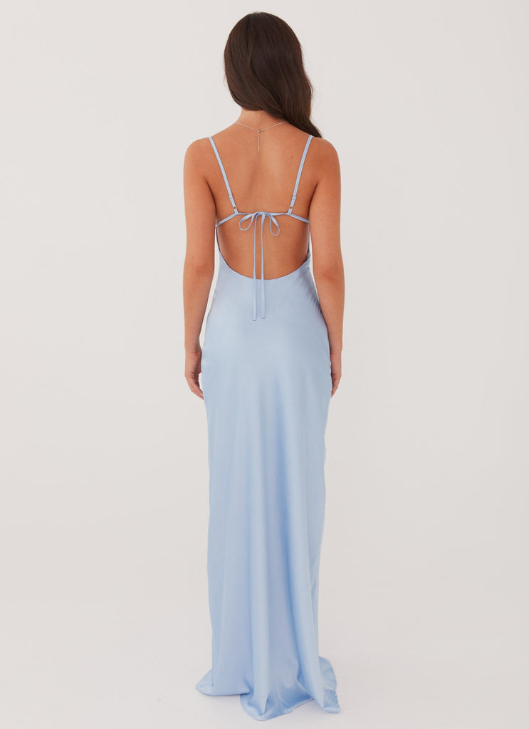 Womens Coastal Escape Satin Maxi Dress in the colour Ice Blue in front of a light grey background