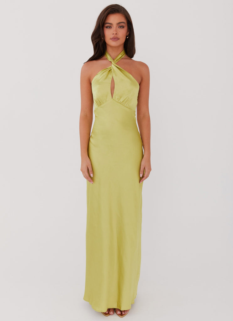 Womens Elowen Maxi Dress in the colour Chartreuse in front of a light grey background