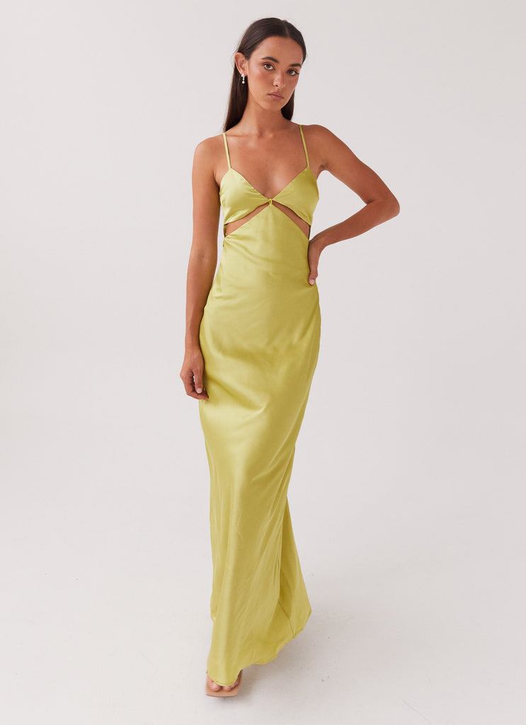 Womens Raylie Cut Out Maxi Dress in the colour Chartreuse in front of a light grey background