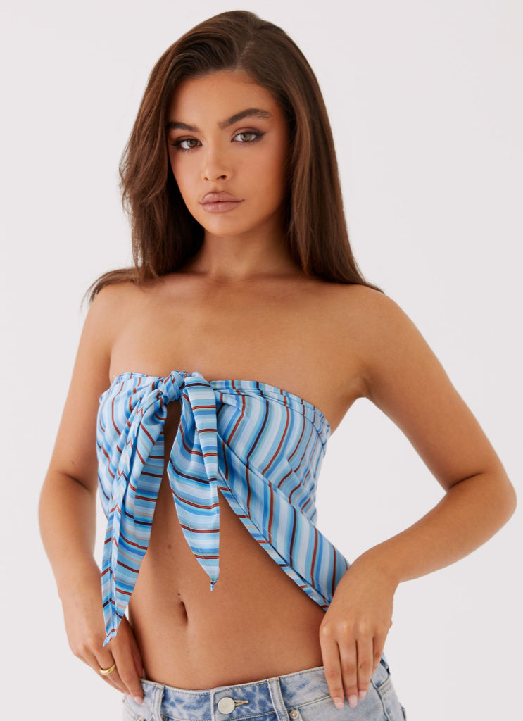 Womens Salta Satin Scarf Top in the colour Blue Stripe in front of a light grey background