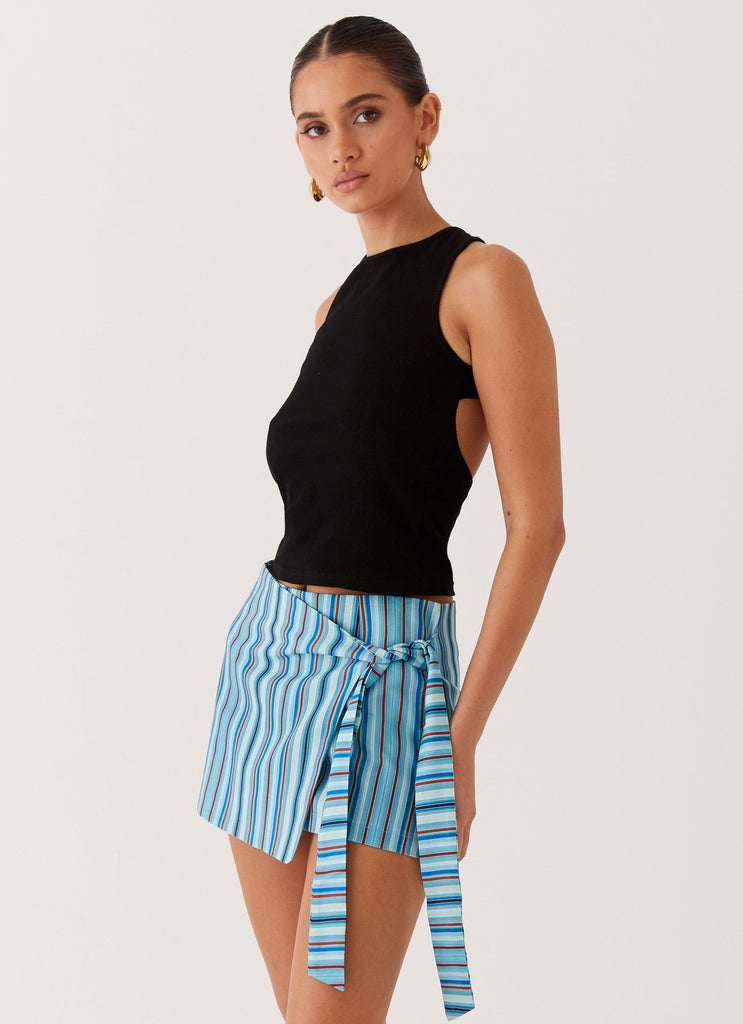 Womens Steal Away Linen Wrap Skirt in the colour Blue Stripe in front of a light grey background