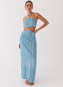 Womens Libby Linen Maxi Dress in the colour Blue Stripe in front of a light grey background