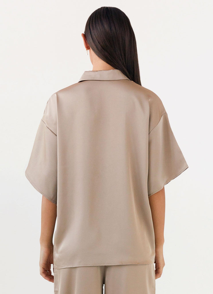 Womens Palm Cove Satin Shirt in the colour Mushroom in front of a light grey background