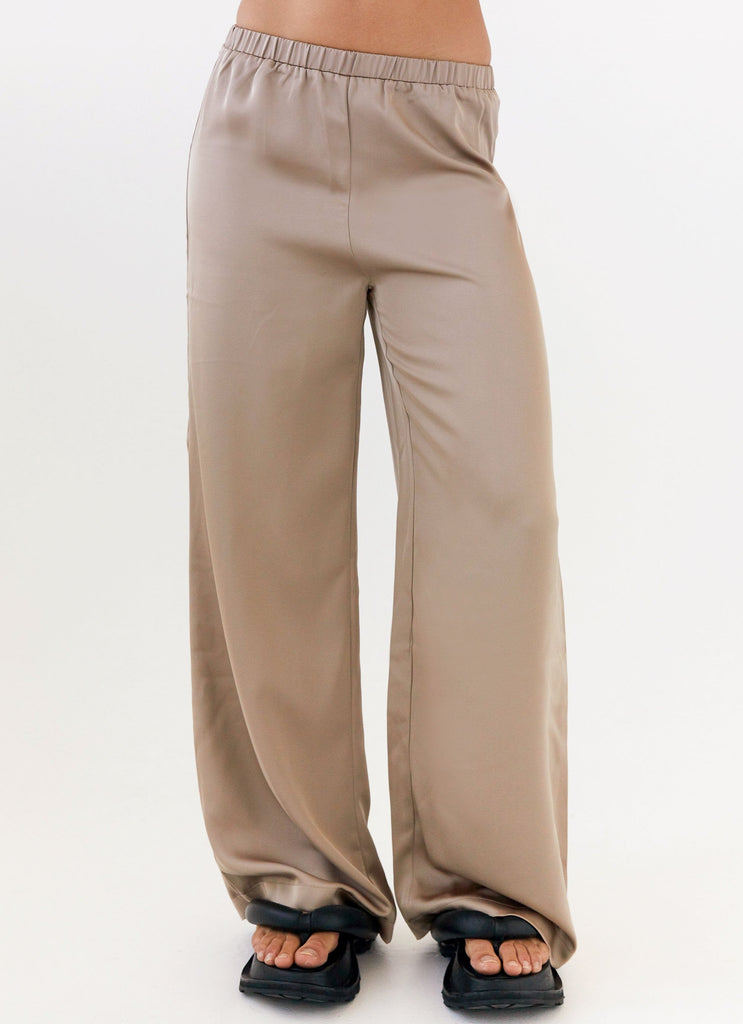 Womens Palm Cove Satin Pants in the colour Mushroom in front of a light grey background