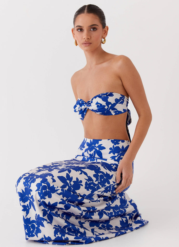 Womens Sky Gaze Low Rise Maxi Skirt in the colour Blue Floral in front of a light grey background