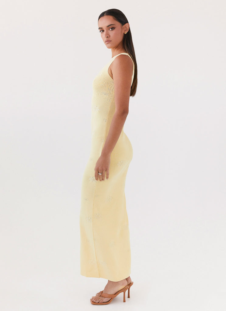 Womens Holly Knit Maxi Dress in the colour Yellow in front of a light grey background