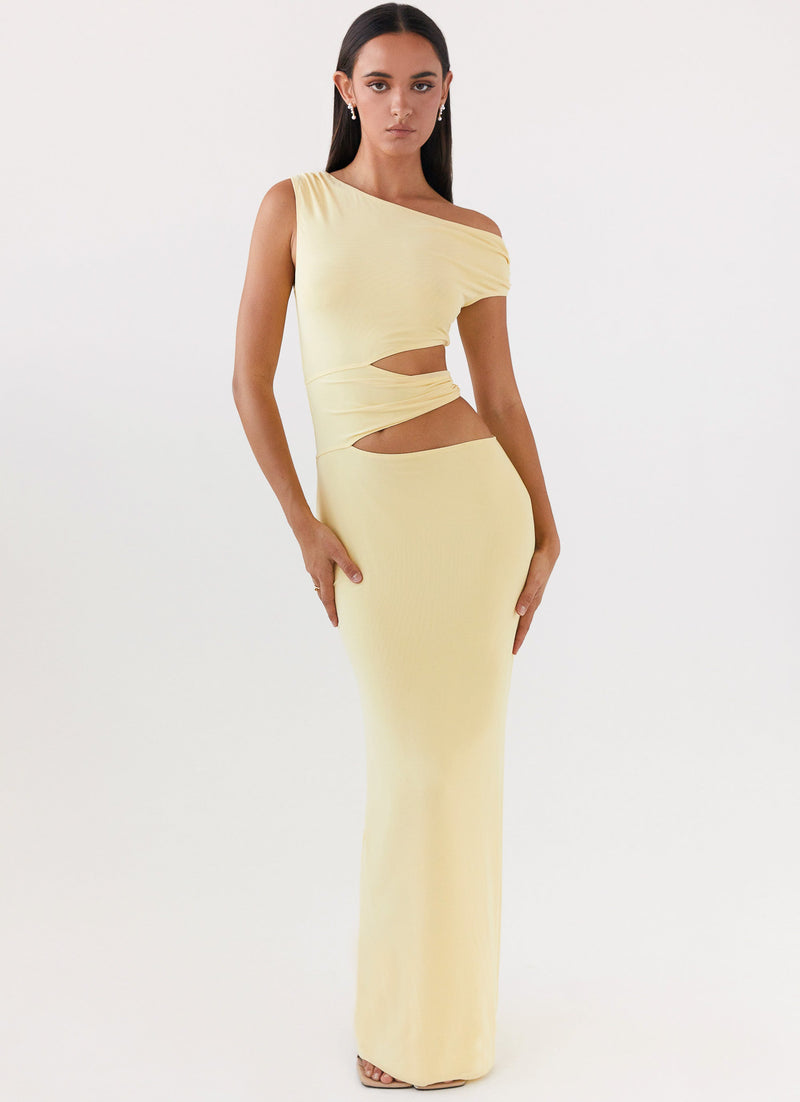 Womens Margot One Shoulder Maxi Dress in the colour Yellow in front of a light grey background