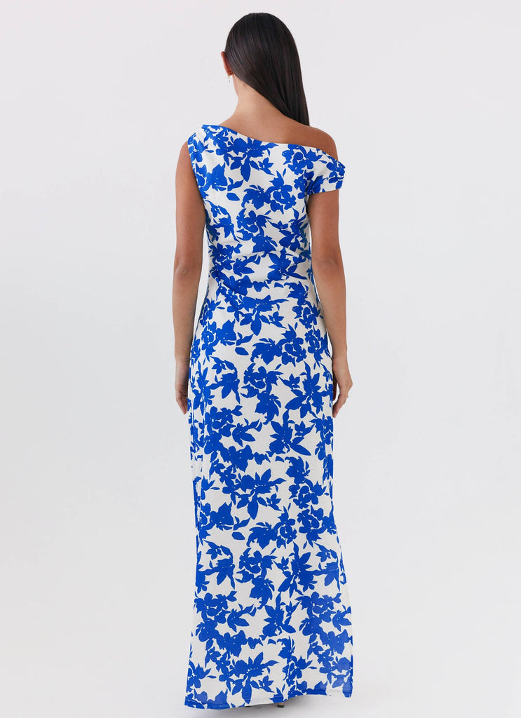 Womens Pyper Off Shoulder Maxi Dress in the colour Blue Floral in front of a light grey background