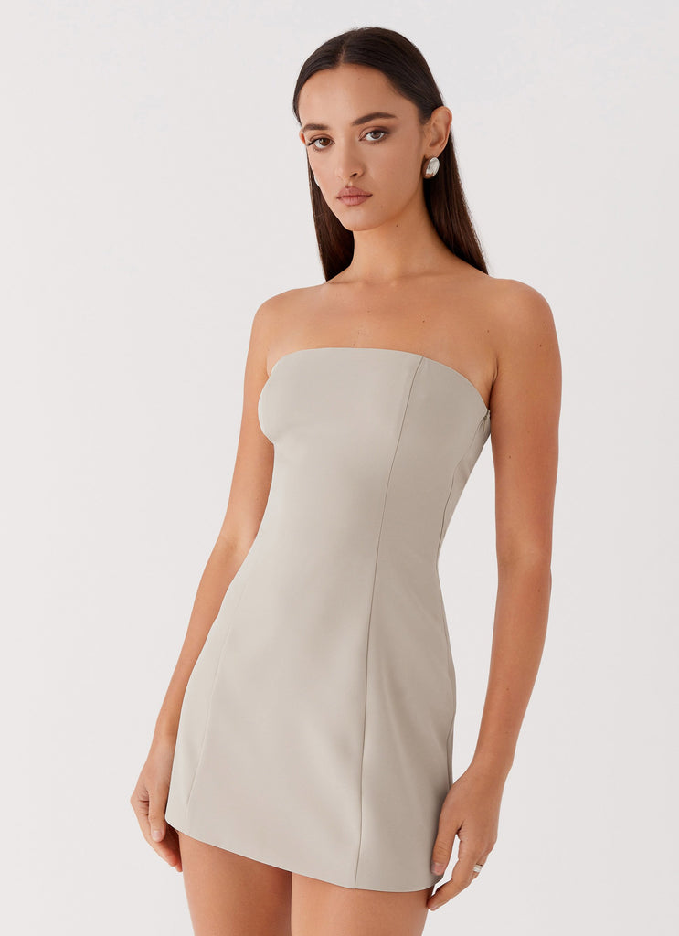 Womens Ayanna Strapless Mini Dress in the colour Beige in front of a light grey background