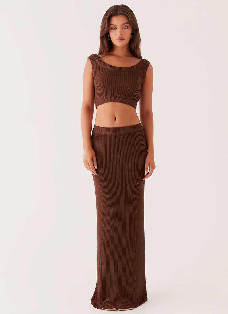 Womens Season Fever Knit Crop Top in the colour Chocolate in front of a light grey background