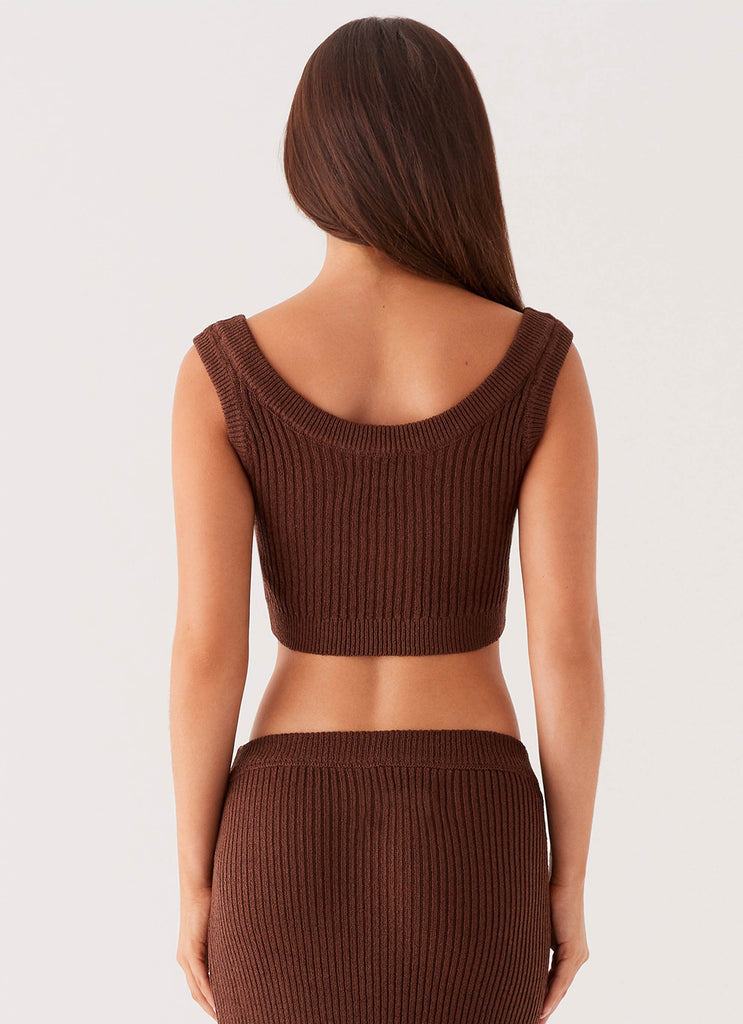 Womens Season Fever Knit Crop Top in the colour Chocolate in front of a light grey background