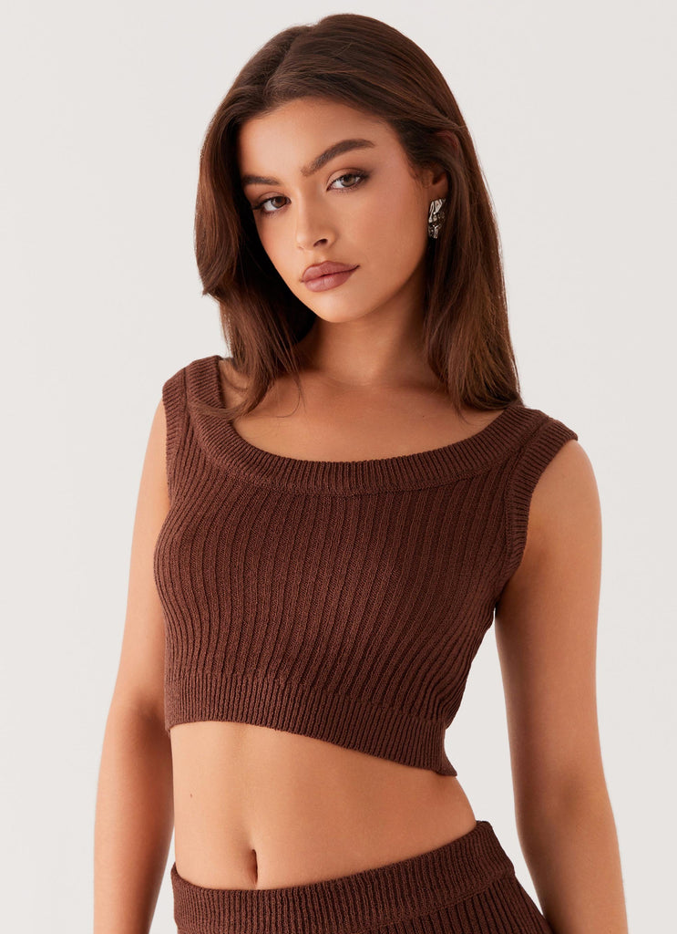 Womens Season Fever Knit Crop Top in the colour Chocolate in front of a light grey background