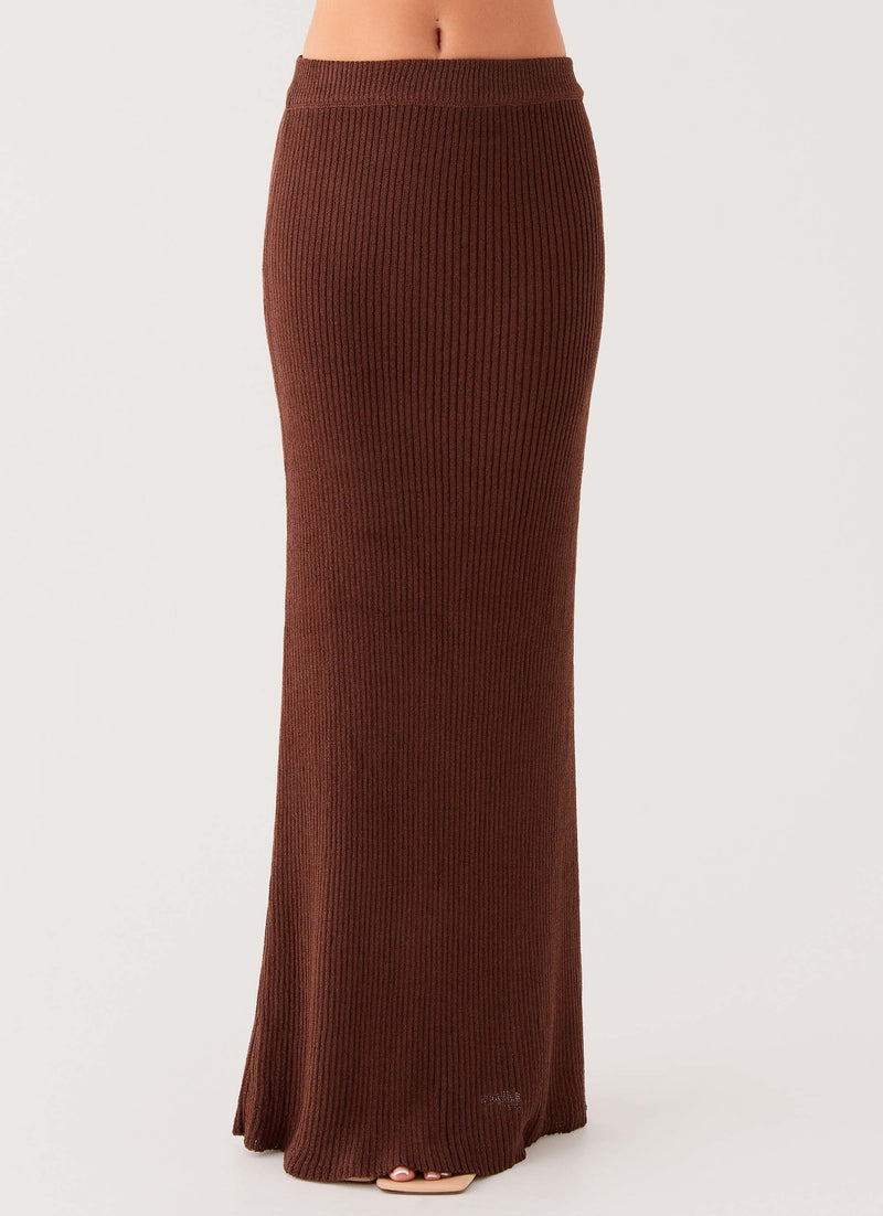 Womens Season Fever Maxi Skirt in the colour Chocolate in front of a light grey background