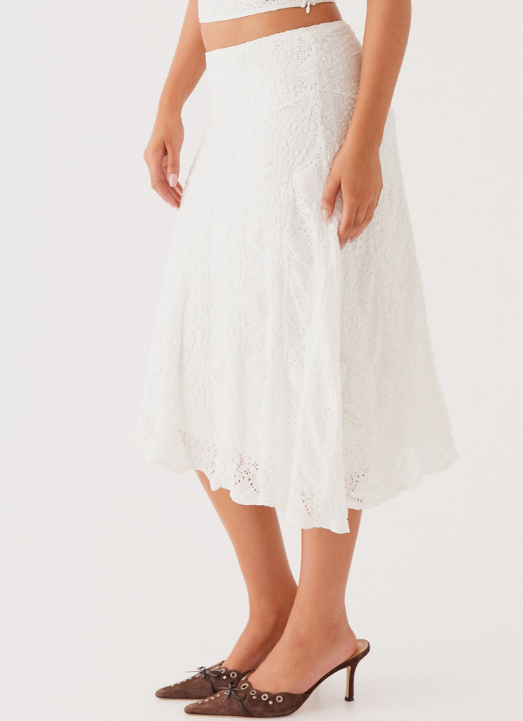 Womens Diamond Sky Midi Skirt in the colour White in front of a light grey background