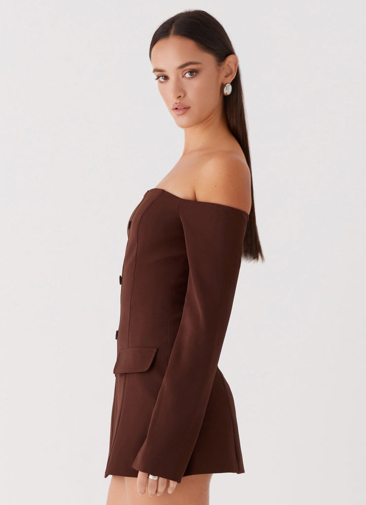 Womens Dominique Blazer Mini Dress in the colour Chocolate in front of a light grey background