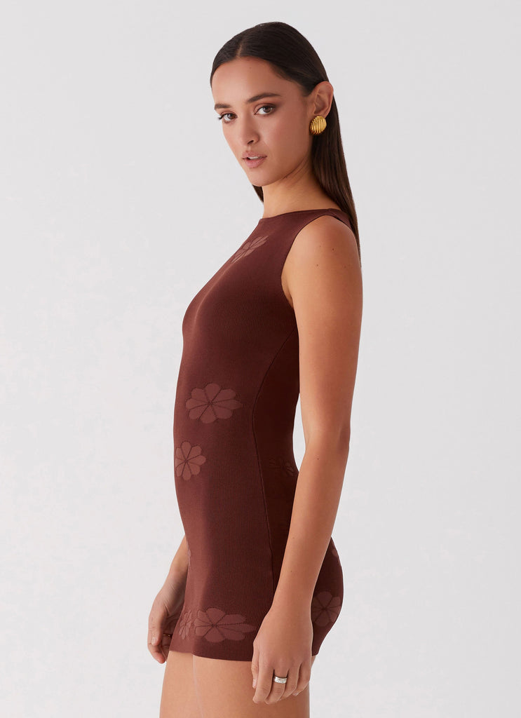 Womens Holly Knit Mini Dress in the colour Chocolate in front of a light grey background