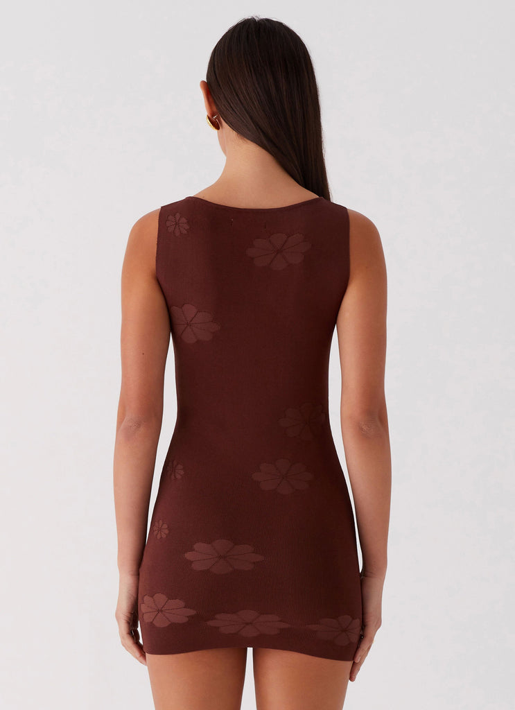 Womens Holly Knit Mini Dress in the colour Chocolate in front of a light grey background