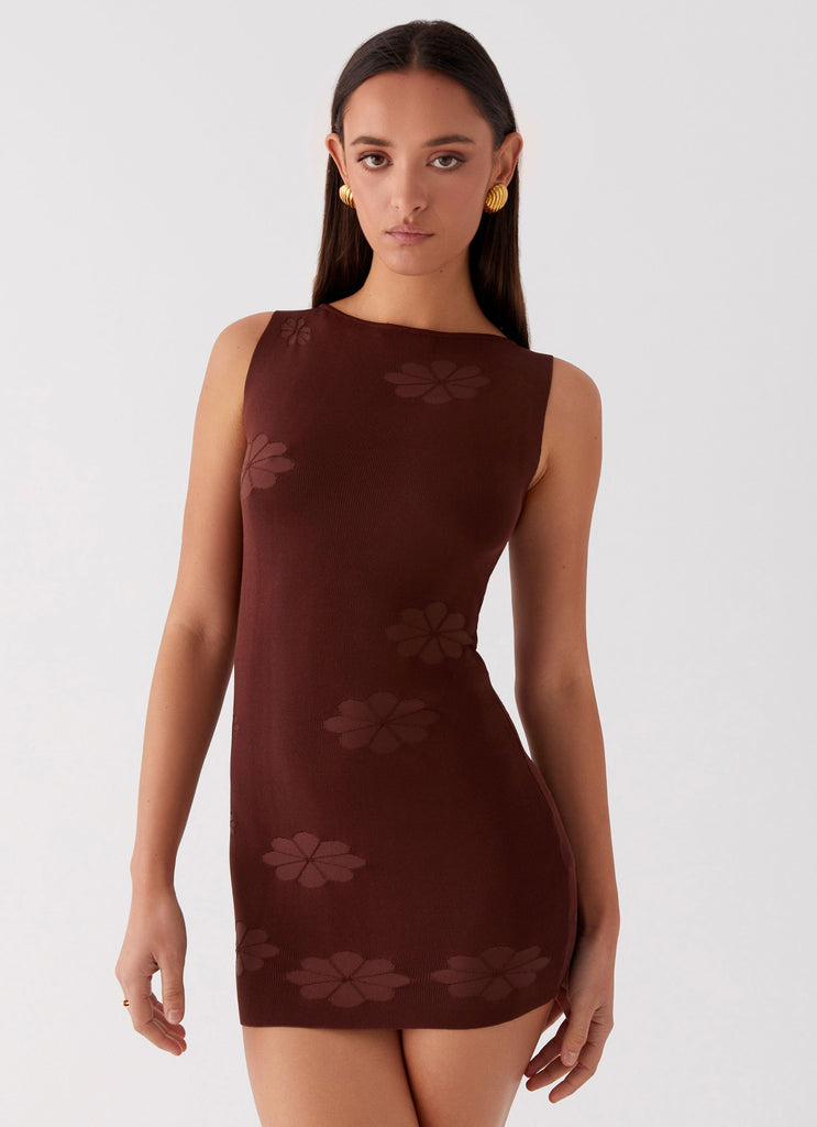 Womens Holly Knit Mini Dress in the colour Chocolate in front of a light grey background