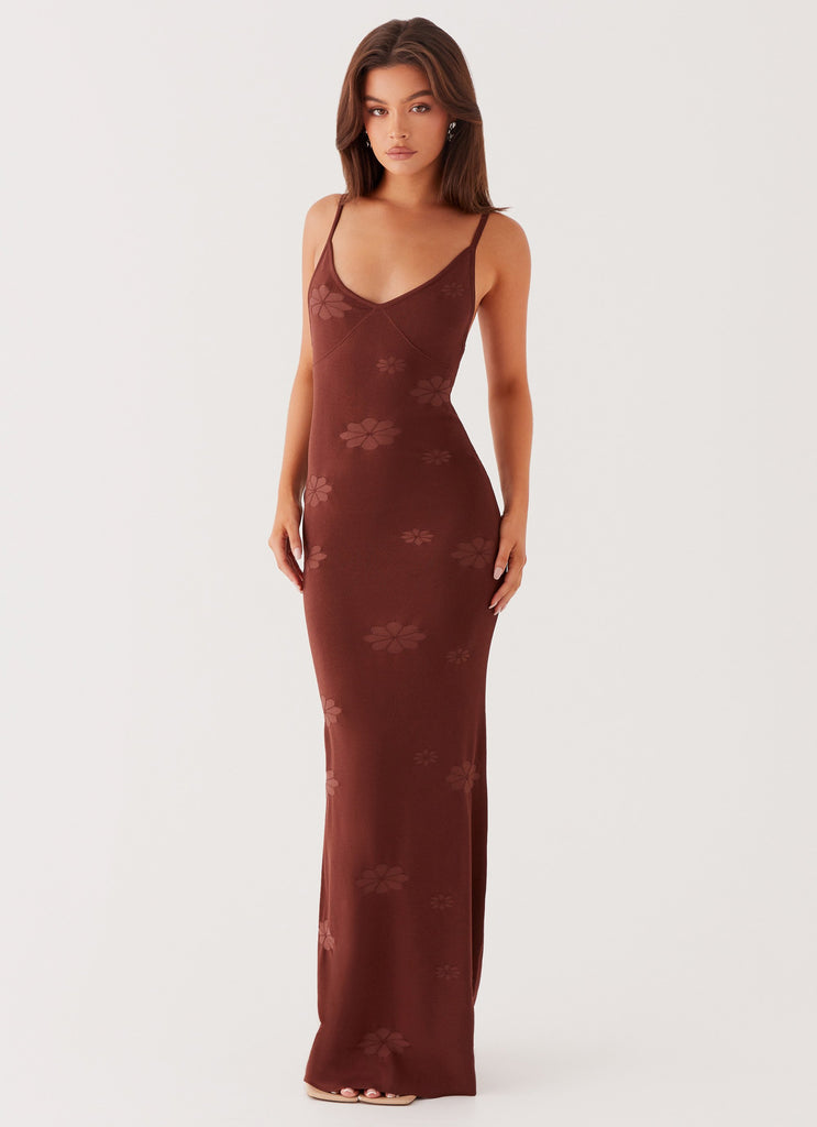 Womens Celeste Maxi Dress in the colour Chocolate in front of a light grey background