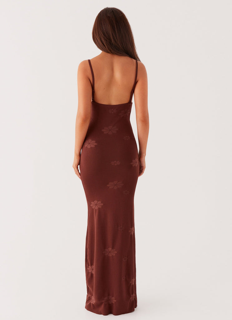 Womens Celeste Maxi Dress in the colour Chocolate in front of a light grey background