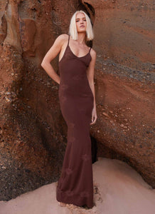 Womens Celeste Maxi Dress in the colour Chocolate in front of a light grey background