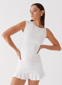 Womens Katy Frill Mini Dress in the colour Ivory in front of a light grey background