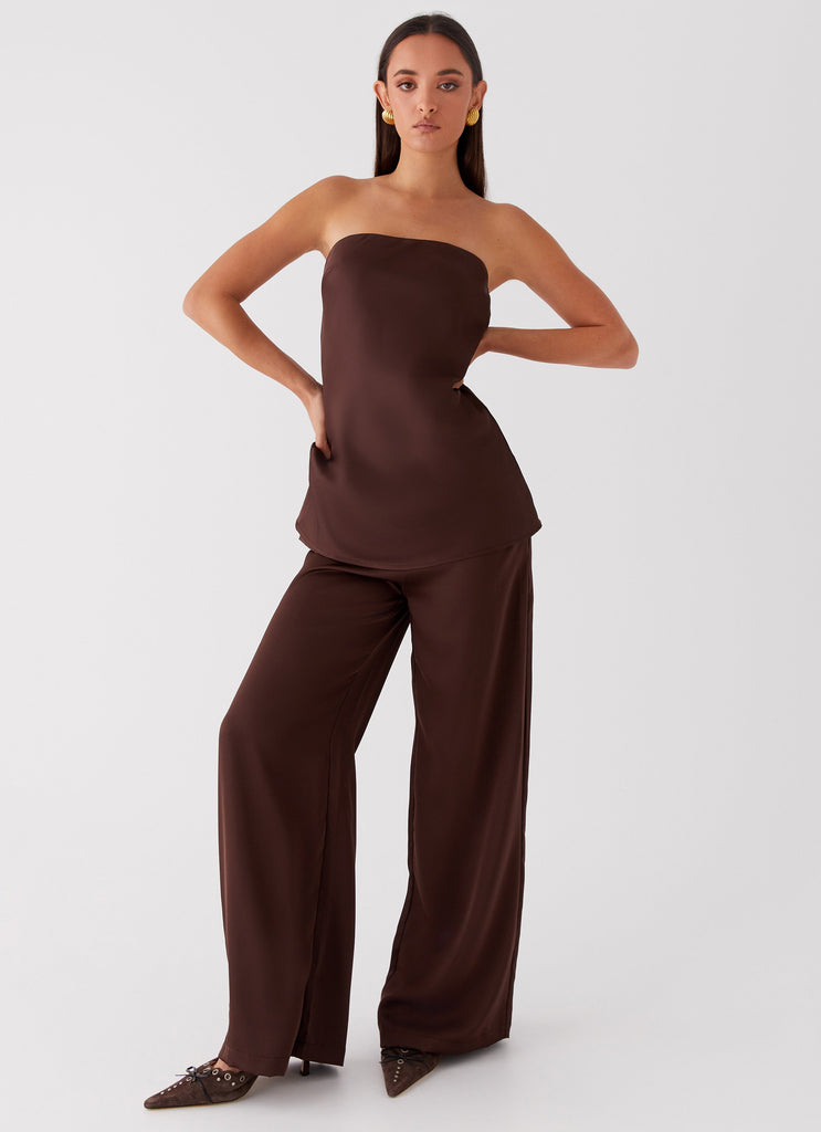 Womens Zoey Satin Tube Top in the colour Chocolate in front of a light grey background