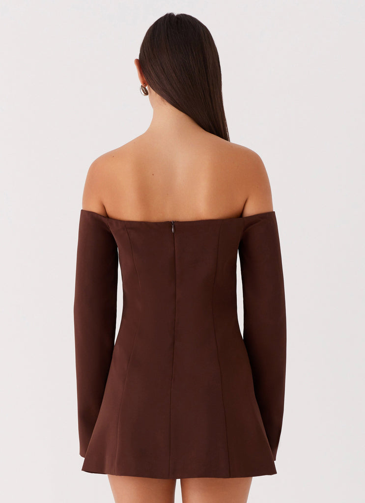 Womens Dominique Blazer Mini Dress in the colour Chocolate in front of a light grey background