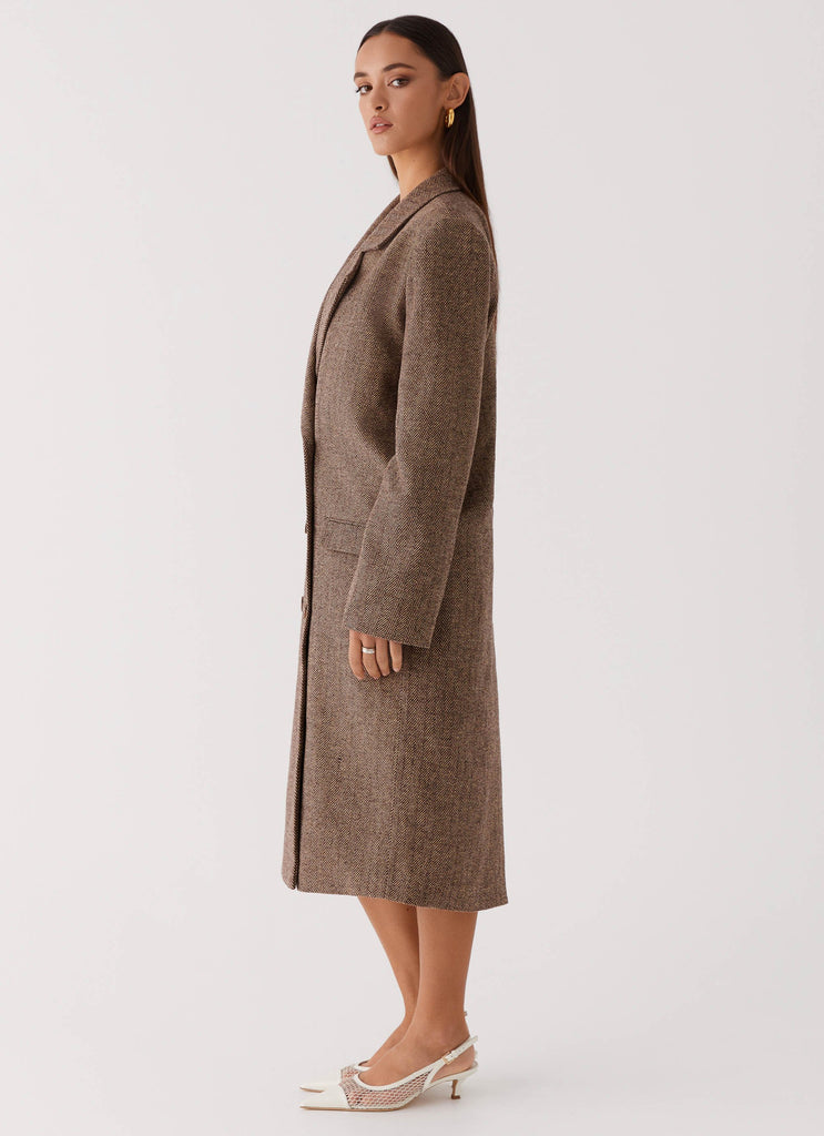 Womens Since Way Back Longline Coat in the colour Brown in front of a light grey background