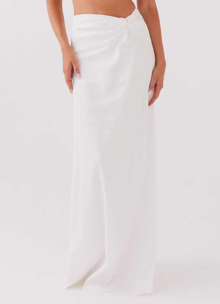 Womens Crescent Light Twist Maxi Skirt in the colour Ivory in front of a light grey background