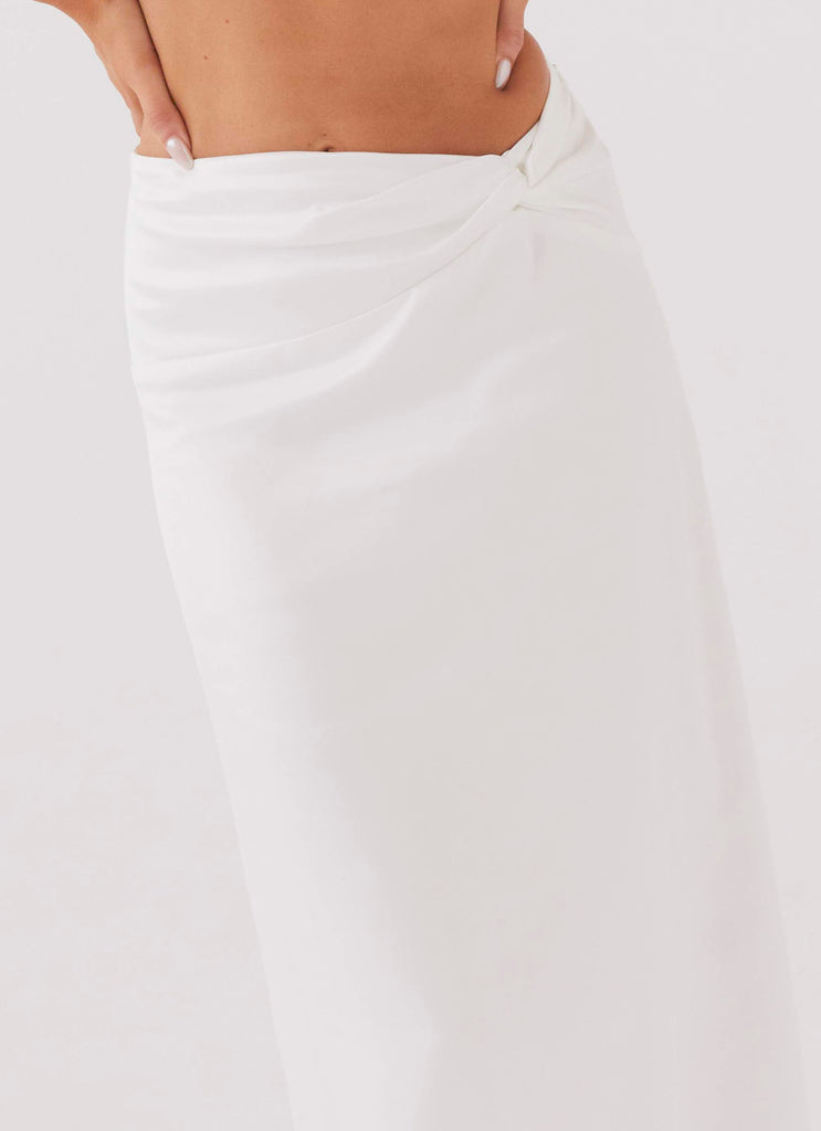 Womens Crescent Light Twist Maxi Skirt in the colour Ivory in front of a light grey background