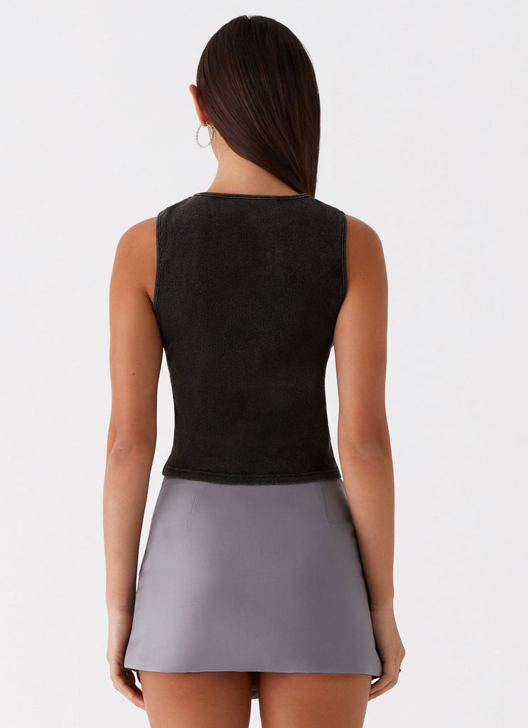 Womens Beyond Cut Out Ribbed Top in the colour Charcoal in front of a light grey background