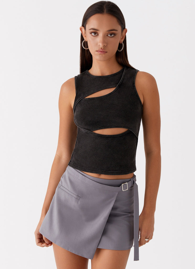 Womens Beyond Cut Out Ribbed Top in the colour Charcoal in front of a light grey background