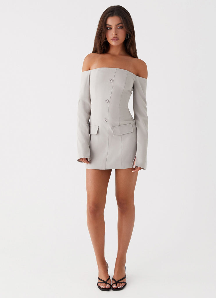 Womens Dominique Blazer Mini Dress in the colour Grey in front of a light grey background