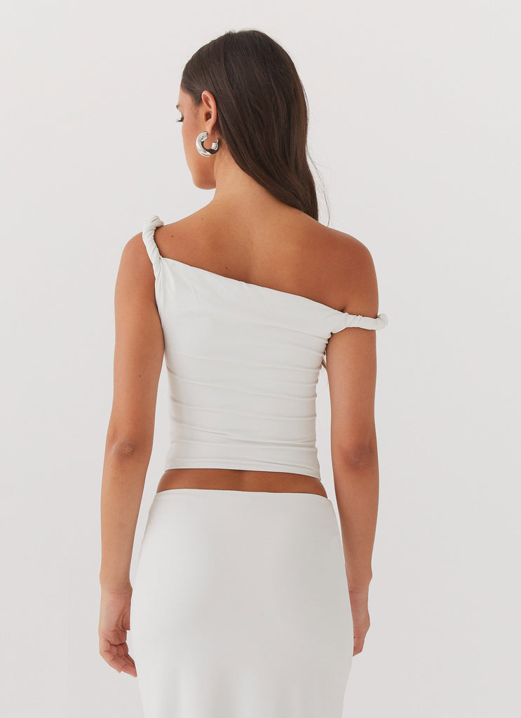 Womens Solace Soul Twist Shoulder Top in the colour Ivory in front of a light grey background