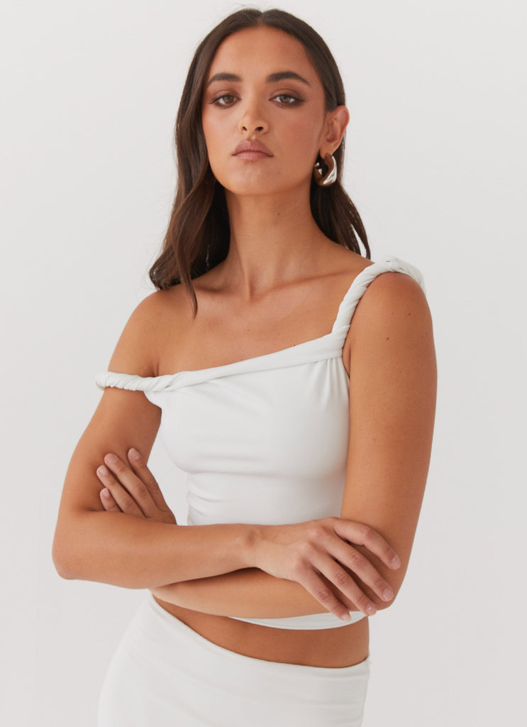 Womens Solace Soul Twist Shoulder Top in the colour Ivory in front of a light grey background