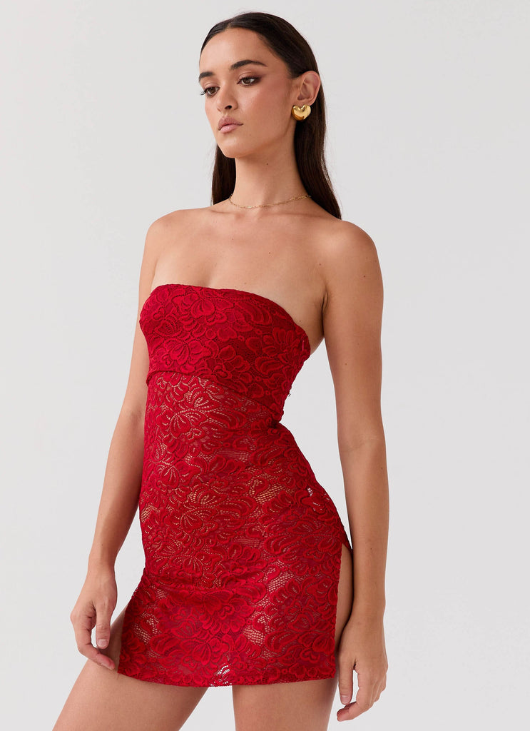 Womens Delilah Lace Tube Dress in the colour Red Rose in front of a light grey background