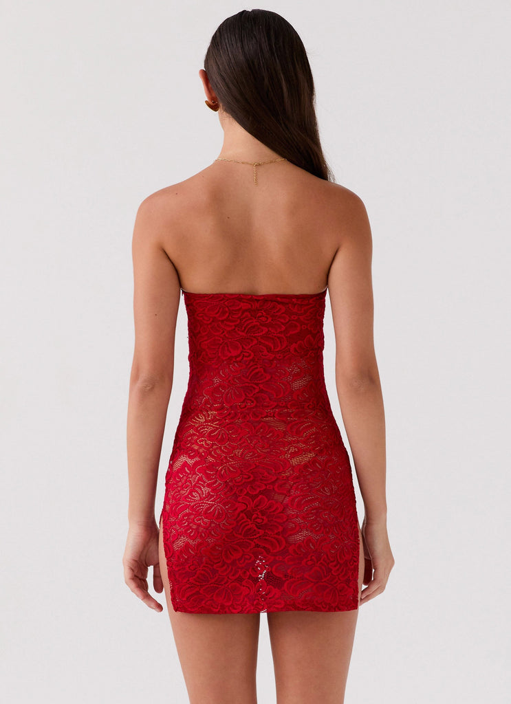 Womens Delilah Lace Tube Dress in the colour Red Rose in front of a light grey background