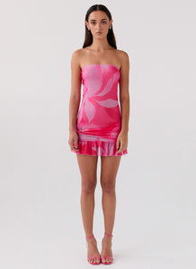 Womens Besa Mesh Mini Dress in the colour Neon Blush in front of a light grey background