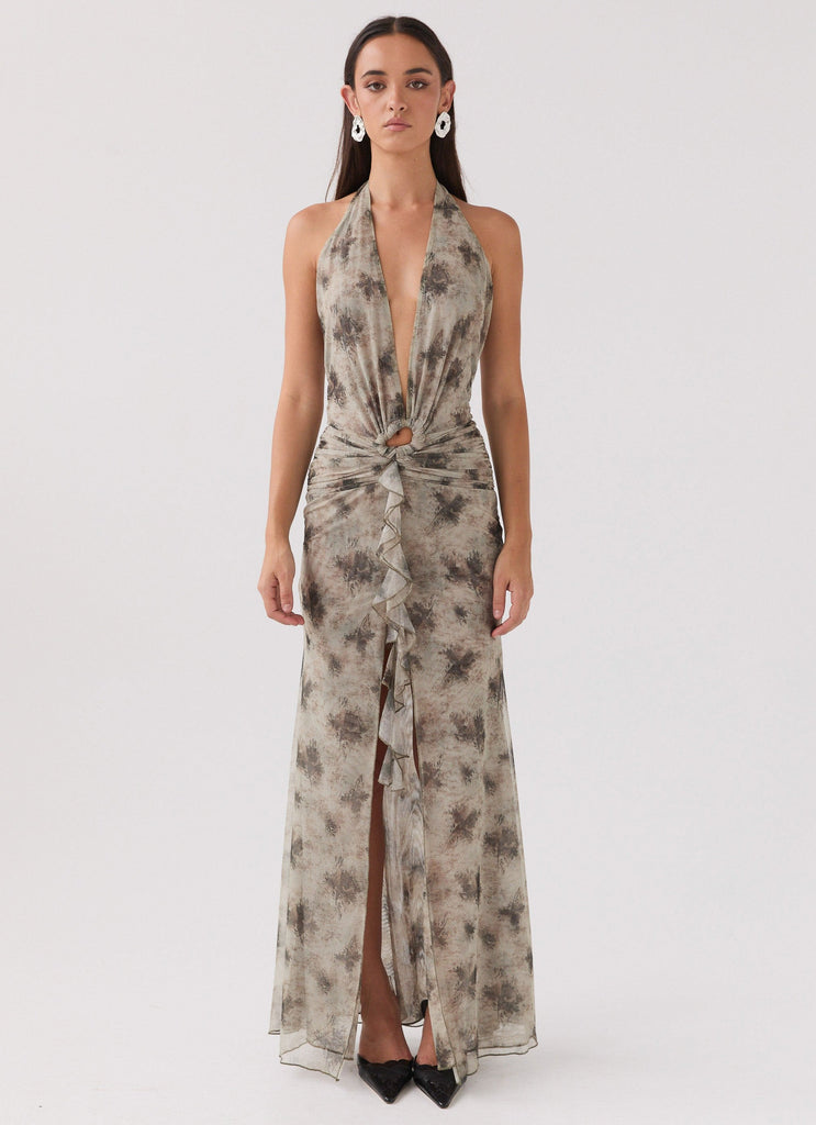 Womens Matilda Halterneck Maxi Dress in the colour Sage Smoke in front of a light grey background